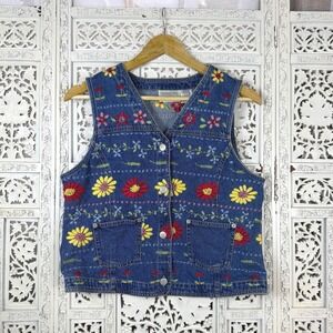 Vtg Susan Bristol Floral Embroidered Button Up Denim Vest Sz S Granny Cottage